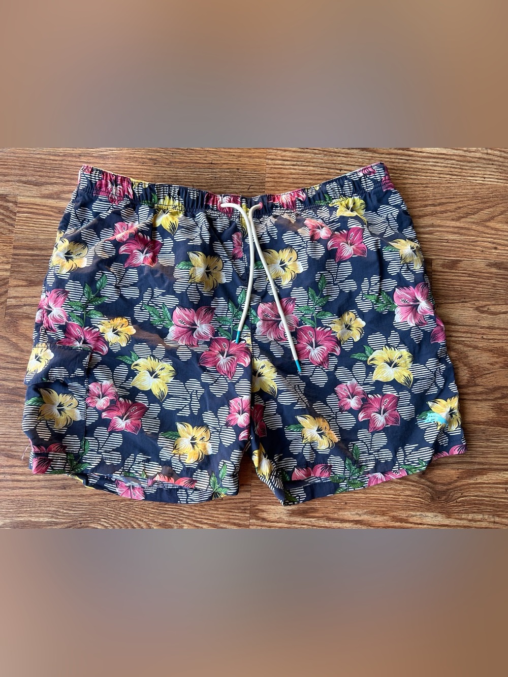 Tommy Bahama Navy Floral Swim Trunks - Pink & Yellow Hibiscus